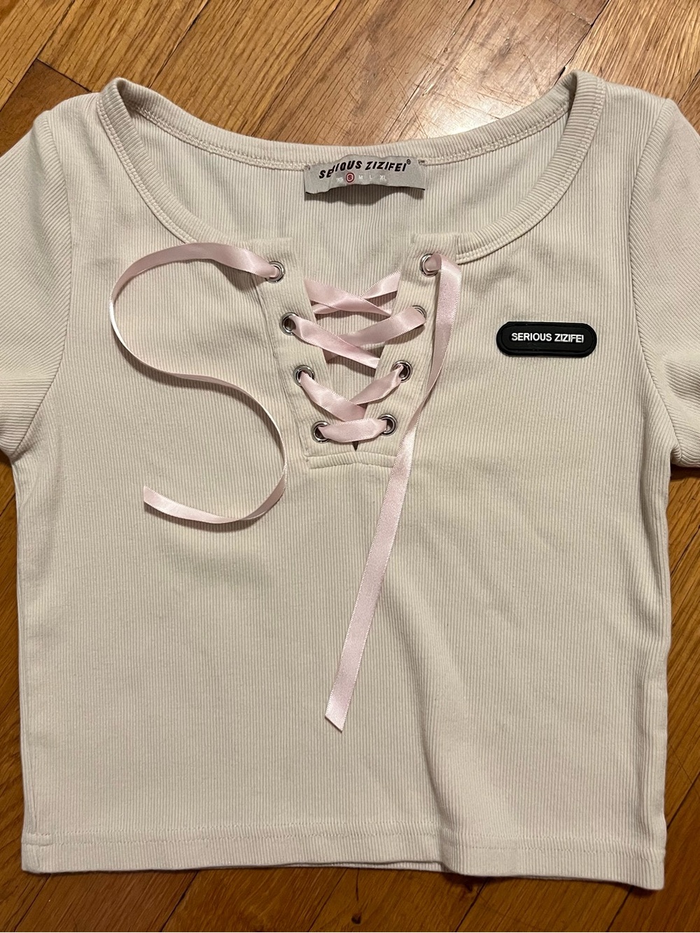 Serious Zizifei Girls' Cream Lace-Up Ribbed Top